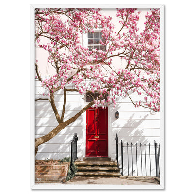 Red Door in London - Art Print by Victoria's Stories, Poster, Stretched Canvas, or Framed Wall Art Print, shown in a white frame