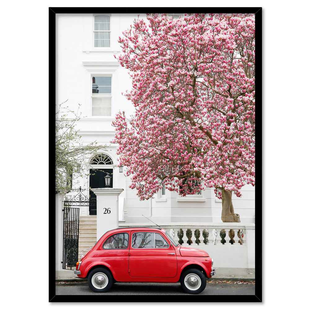 Red Fiat in London - Art Print by Victoria's Stories, Poster, Stretched Canvas, or Framed Wall Art Print, shown in a black frame