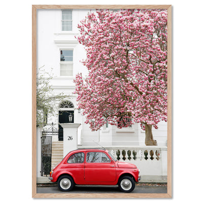 Red Fiat in London - Art Print by Victoria's Stories, Poster, Stretched Canvas, or Framed Wall Art Print, shown in a natural timber frame