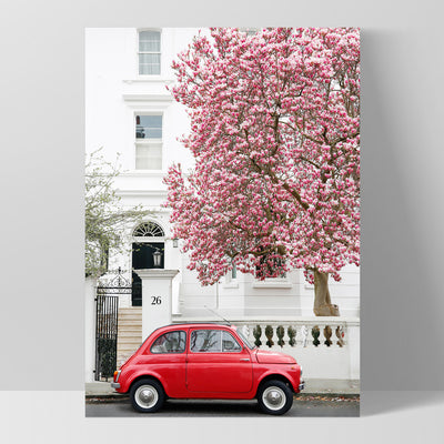 Red Fiat in London - Art Print by Victoria's Stories, Poster, Stretched Canvas, or Framed Wall Art Print, shown as a stretched canvas or poster without a frame