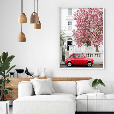 Red Fiat in London - Art Print by Victoria's Stories, Poster, Stretched Canvas or Framed Wall Art, shown framed in a room