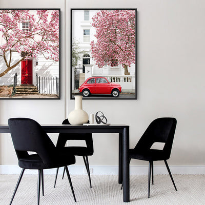 Red Fiat in London - Art Print by Victoria's Stories, Poster, Stretched Canvas or Framed Wall Art, shown framed in a home interior space