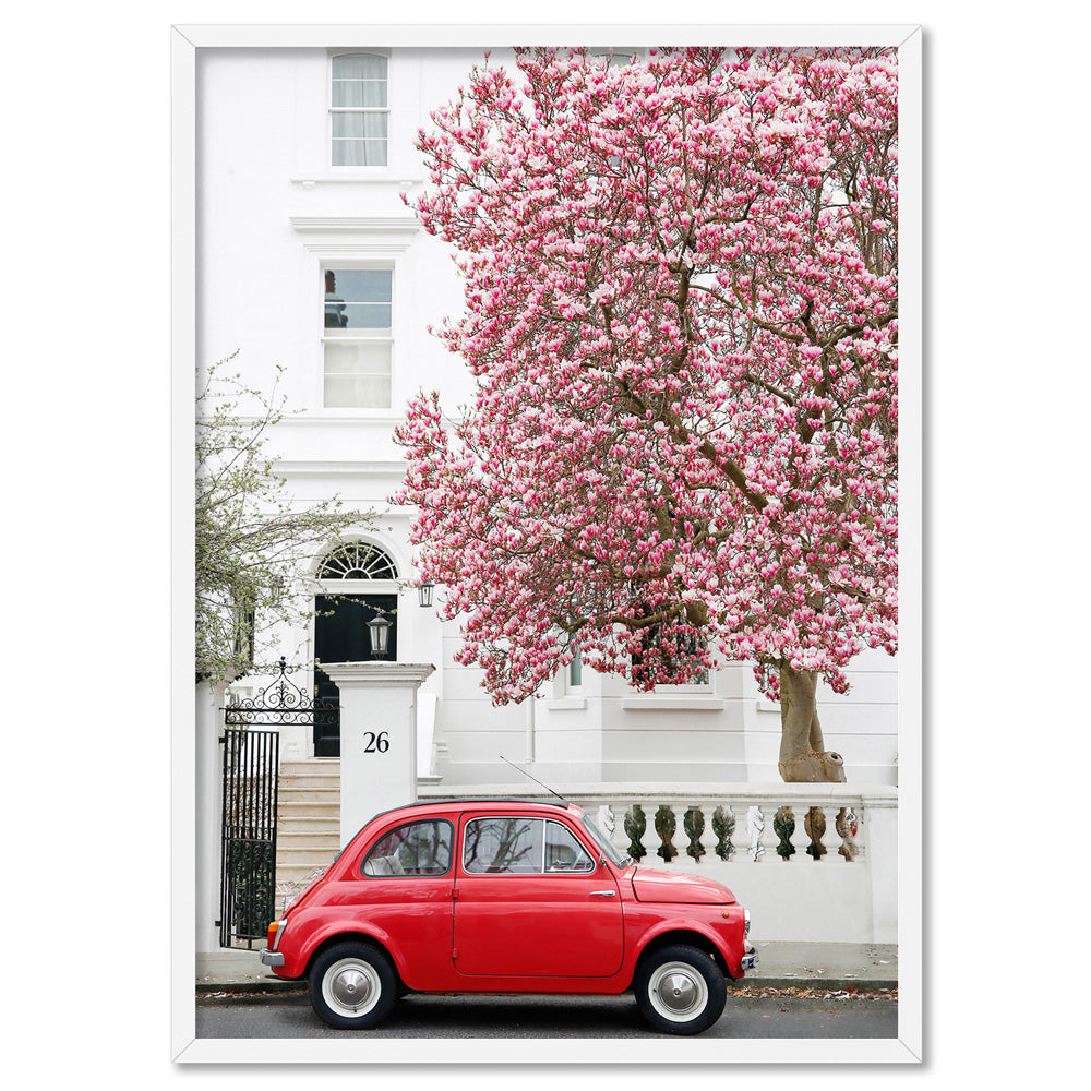 Red Fiat in London - Art Print by Victoria's Stories, Poster, Stretched Canvas, or Framed Wall Art Print, shown in a white frame