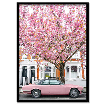 Pink Car in London - Art Print by Victoria's Stories, Poster, Stretched Canvas, or Framed Wall Art Print, shown in a black frame