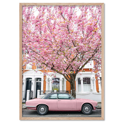 Pink Car in London - Art Print by Victoria's Stories, Poster, Stretched Canvas, or Framed Wall Art Print, shown in a natural timber frame