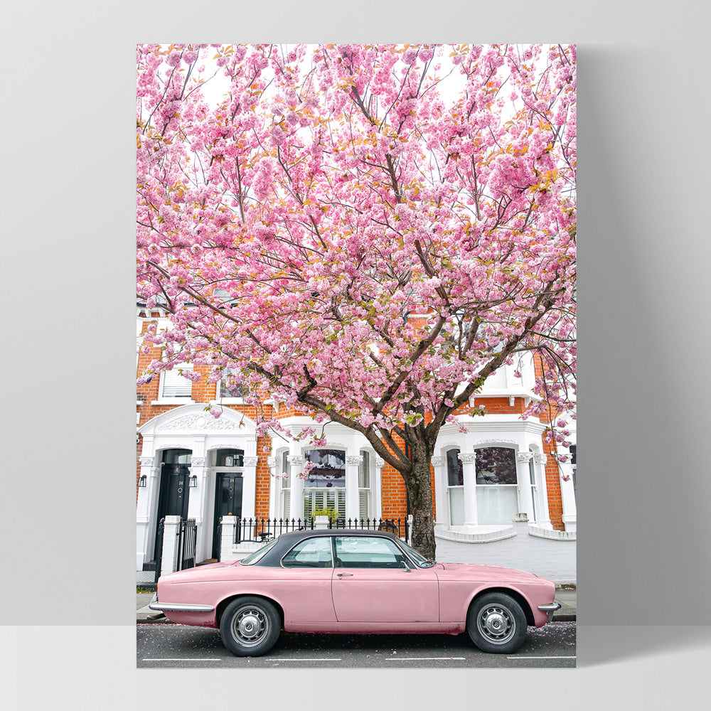 Pink Car in London - Art Print by Victoria's Stories, Poster, Stretched Canvas, or Framed Wall Art Print, shown as a stretched canvas or poster without a frame
