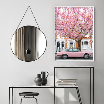 Pink Car in London - Art Print by Victoria's Stories, Poster, Stretched Canvas or Framed Wall Art, shown framed in a room