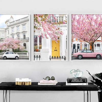 Pink Car in London - Art Print by Victoria's Stories, Poster, Stretched Canvas or Framed Wall Art, shown framed in a home interior space