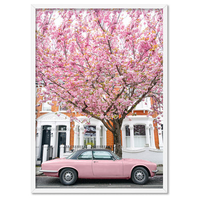 Pink Car in London - Art Print by Victoria's Stories, Poster, Stretched Canvas, or Framed Wall Art Print, shown in a white frame