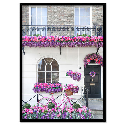 Purple Floral Terrace in London - Art Print by Victoria's Stories, Poster, Stretched Canvas, or Framed Wall Art Print, shown in a black frame