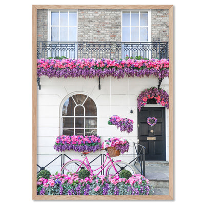 Purple Floral Terrace in London - Art Print by Victoria's Stories, Poster, Stretched Canvas, or Framed Wall Art Print, shown in a natural timber frame