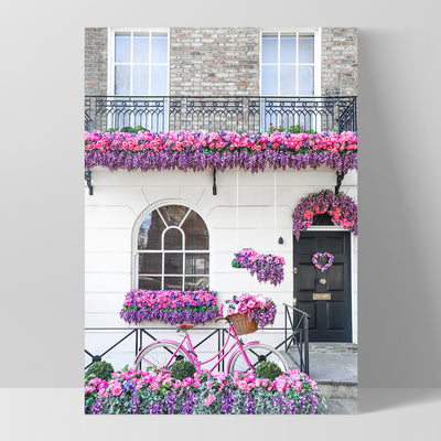 Purple Floral Terrace in London - Art Print by Victoria's Stories, Poster, Stretched Canvas, or Framed Wall Art Print, shown as a stretched canvas or poster without a frame