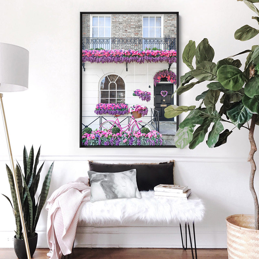 Purple Floral Terrace in London - Art Print by Victoria's Stories, Poster, Stretched Canvas or Framed Wall Art, shown framed in a room