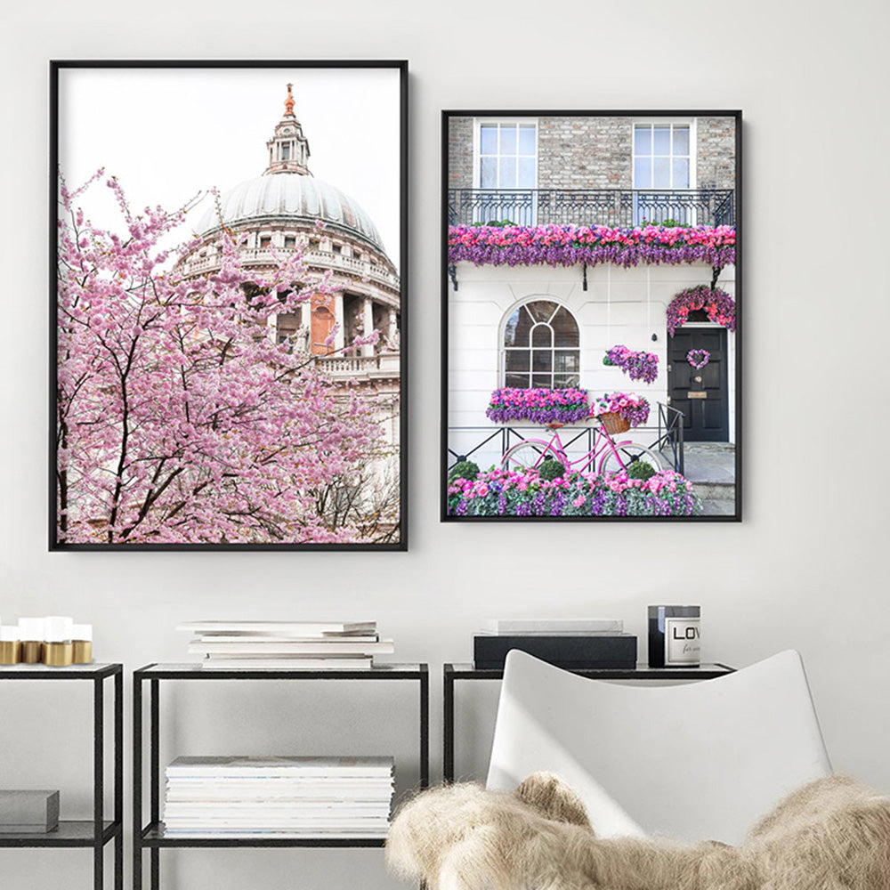 Purple Floral Terrace in London - Art Print by Victoria's Stories, Poster, Stretched Canvas or Framed Wall Art, shown framed in a home interior space