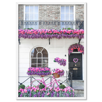 Purple Floral Terrace in London - Art Print by Victoria's Stories, Poster, Stretched Canvas, or Framed Wall Art Print, shown in a white frame
