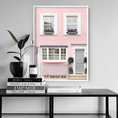 Pastel Pink House in London - Art Print by Victoria's Stories, Poster, Stretched Canvas or Framed Wall Art Prints, shown framed in a room