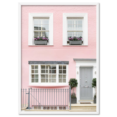 Pastel Pink House in London - Art Print by Victoria's Stories, Poster, Stretched Canvas, or Framed Wall Art Print, shown in a white frame