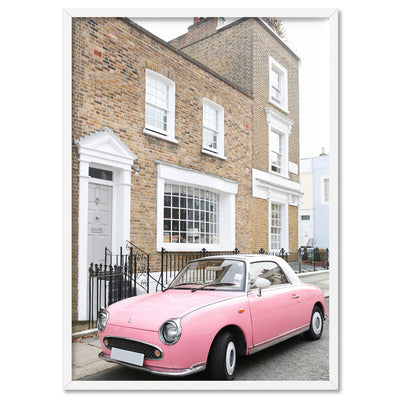 Pink Figaro in London - Art Print by Victoria's Stories, Poster, Stretched Canvas, or Framed Wall Art Print, shown in a white frame