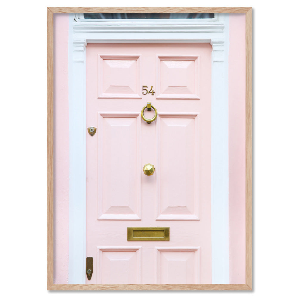 Pretty Pink Door London - Art Print by Victoria's Stories, Poster, Stretched Canvas, or Framed Wall Art Print, shown in a natural timber frame