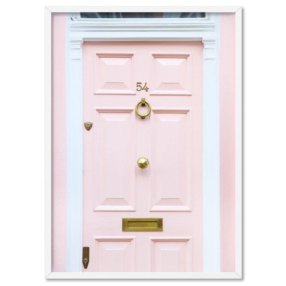 Pretty Pink Door London - Art Print by Victoria's Stories, Poster, Stretched Canvas, or Framed Wall Art Print, shown in a white frame