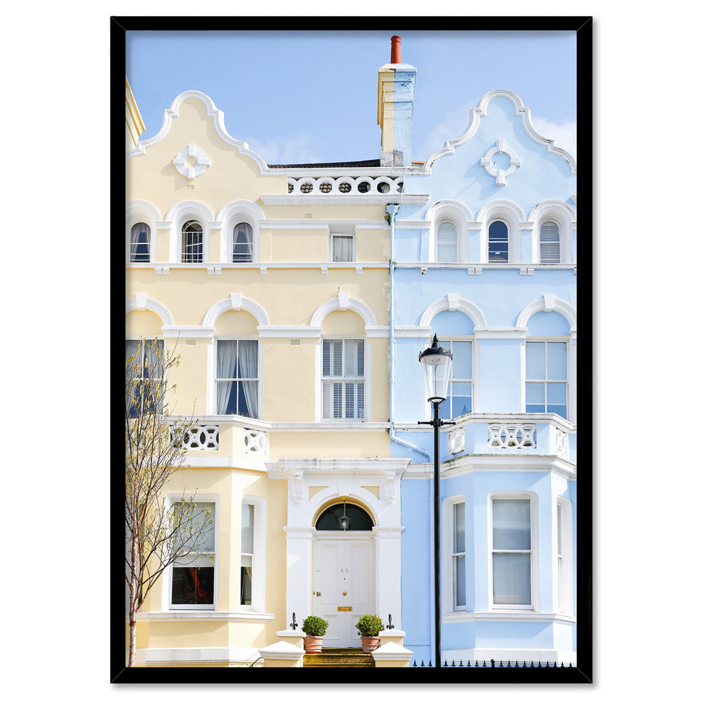 Pastel Terraces in London- Art Print by Victoria's Stories, Poster, Stretched Canvas, or Framed Wall Art Print, shown in a black frame