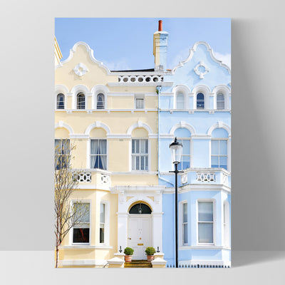 Pastel Terraces in London- Art Print by Victoria's Stories, Poster, Stretched Canvas, or Framed Wall Art Print, shown as a stretched canvas or poster without a frame