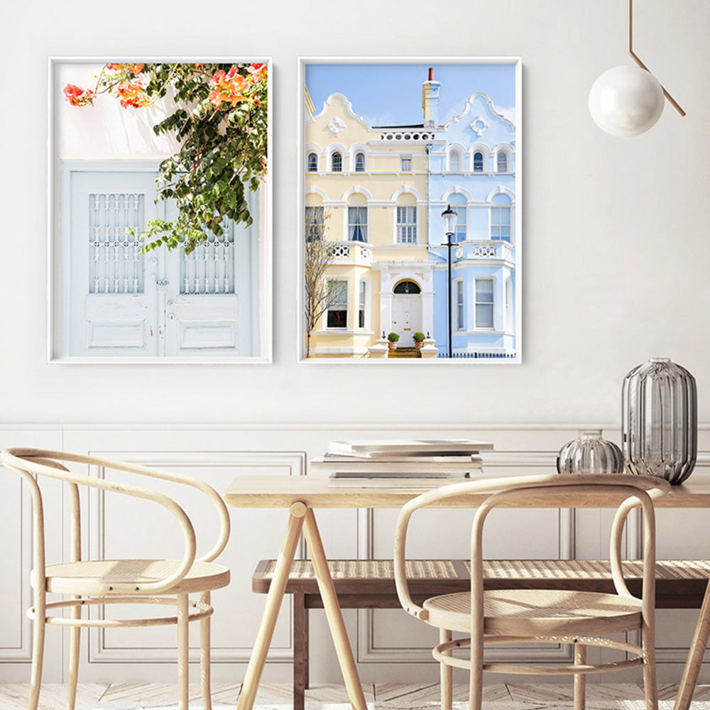 Pastel Terraces in London- Art Print by Victoria's Stories, Poster, Stretched Canvas or Framed Wall Art, shown framed in a home interior space