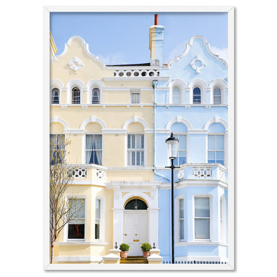 Pastel Terraces in London- Art Print by Victoria's Stories, Poster, Stretched Canvas, or Framed Wall Art Print, shown in a white frame