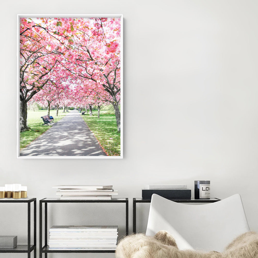 Greenwich Park in Spring - Art Print by Victoria's Stories, Poster, Stretched Canvas or Framed Wall Art, shown framed in a room