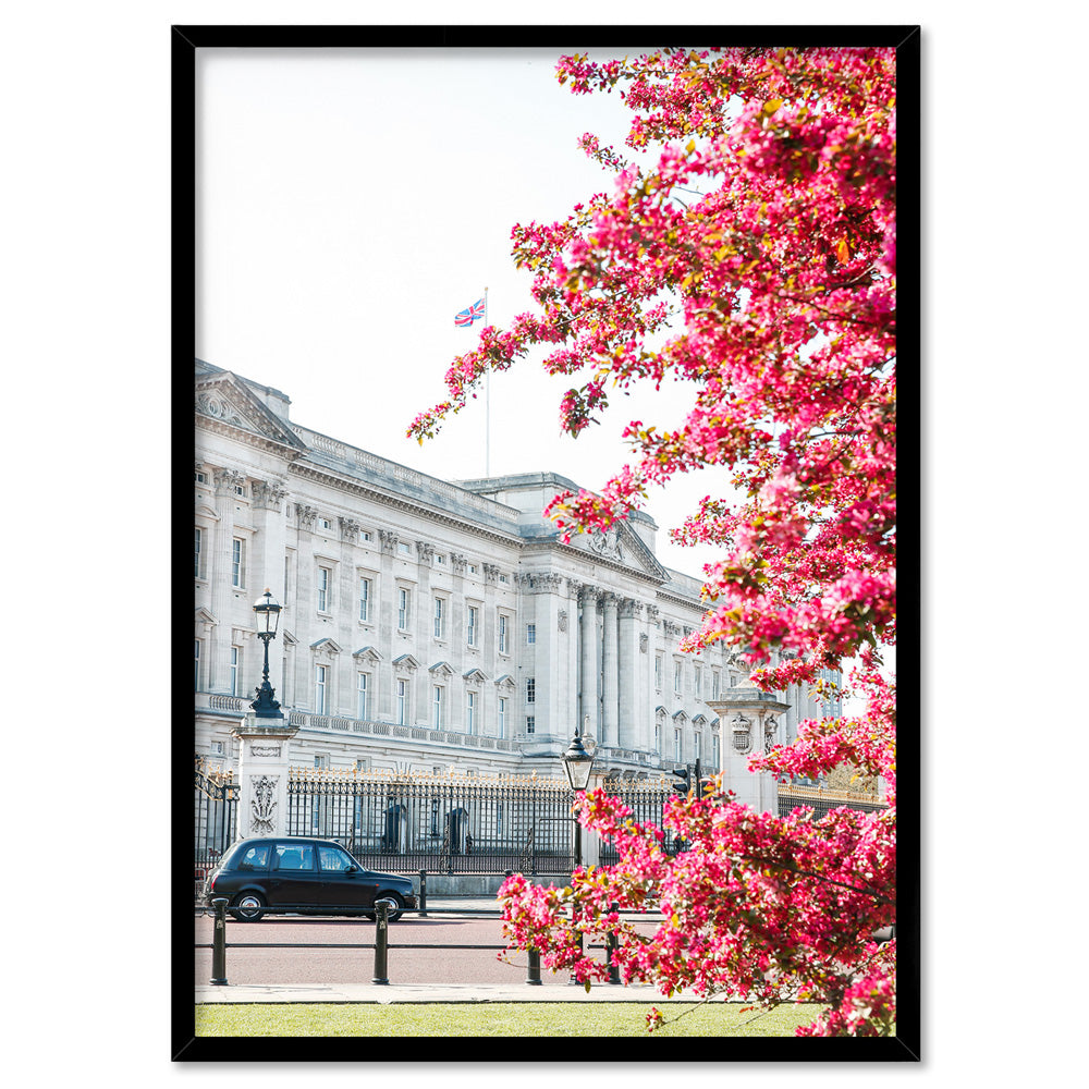 Buckingham Palace in Spring - Art Print by Victoria's Stories, Poster, Stretched Canvas, or Framed Wall Art Print, shown in a black frame