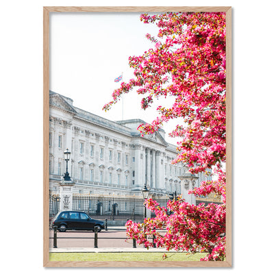 Buckingham Palace in Spring - Art Print by Victoria's Stories, Poster, Stretched Canvas, or Framed Wall Art Print, shown in a natural timber frame
