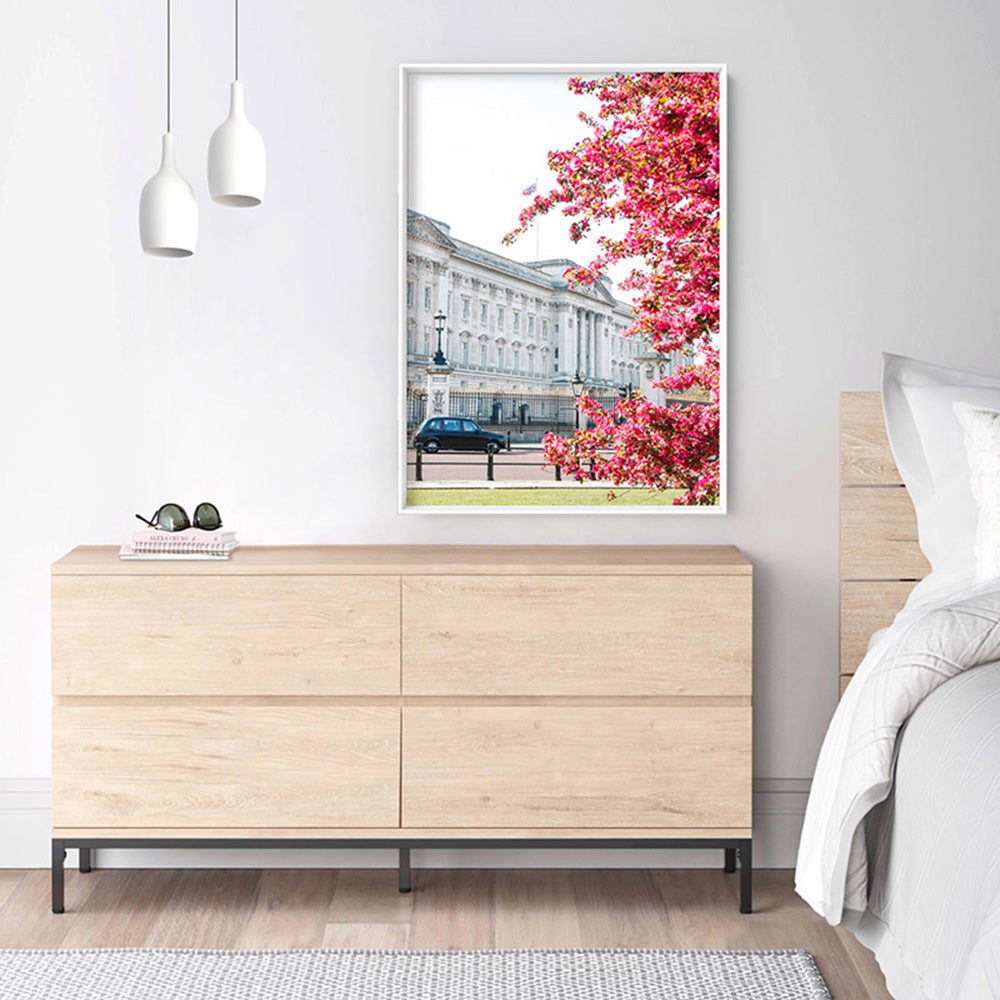 Buckingham Palace in Spring - Art Print by Victoria's Stories, Poster, Stretched Canvas or Framed Wall Art, shown framed in a room