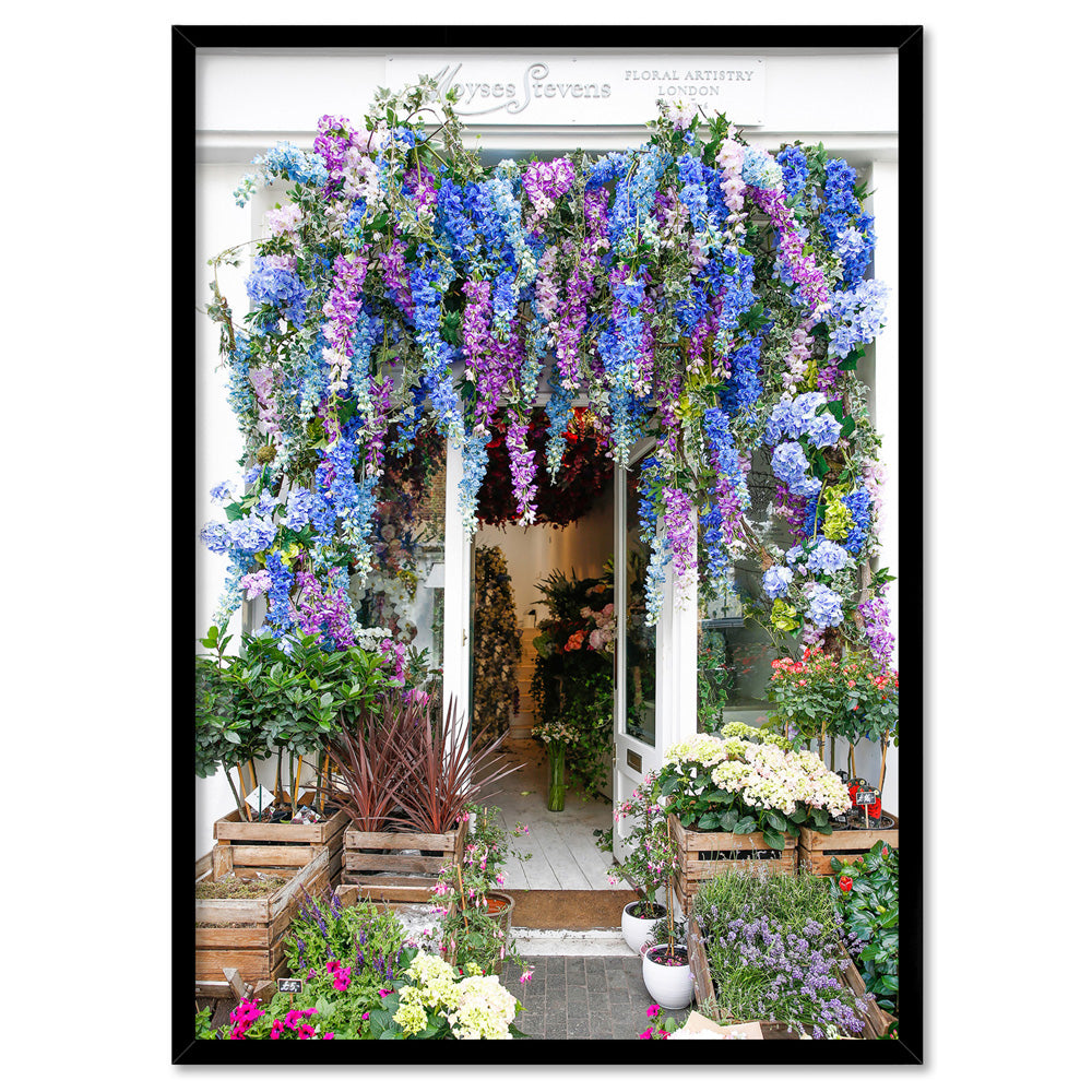 Floral Artistry London - Art Print by Victoria's Stories, Poster, Stretched Canvas, or Framed Wall Art Print, shown in a black frame