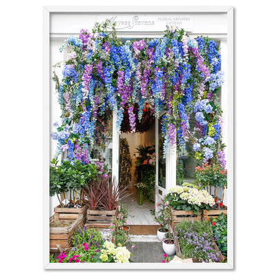 Floral Artistry London - Art Print by Victoria's Stories, Poster, Stretched Canvas, or Framed Wall Art Print, shown in a white frame