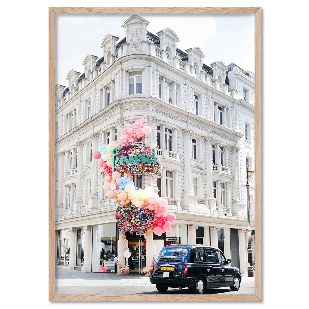 Colourful London | Bond Street - Art Print by Victoria's Stories, Poster, Stretched Canvas, or Framed Wall Art Print, shown in a natural timber frame