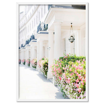 Pretty London Terraces - Art Print by Victoria's Stories, Poster, Stretched Canvas, or Framed Wall Art Print, shown in a white frame