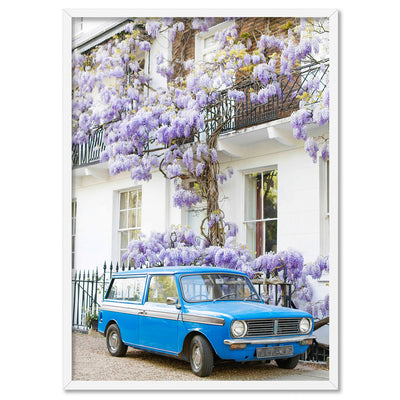 Blue Car in London - Art Print by Victoria's Stories, Poster, Stretched Canvas, or Framed Wall Art Print, shown in a white frame