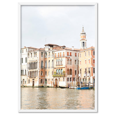 Venice Canal Sunset Italy - Art Print by Victoria's Stories, Poster, Stretched Canvas, or Framed Wall Art Print, shown in a white frame