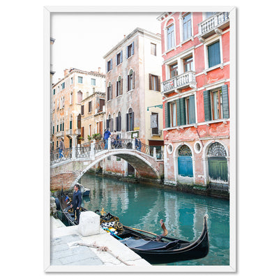 Venice Gondola View Italy - Art Print by Victoria's Stories, Poster, Stretched Canvas, or Framed Wall Art Print, shown in a white frame
