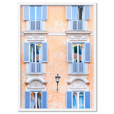 Pretty Roman Shutters Italy - Art Print by Victoria's Stories, Poster, Stretched Canvas, or Framed Wall Art Print, shown in a white frame