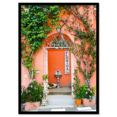 Orange Doorway Positano - Art Print by Victoria's Stories, Poster, Stretched Canvas, or Framed Wall Art Print, shown in a black frame