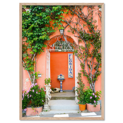 Orange Doorway Positano - Art Print by Victoria's Stories, Poster, Stretched Canvas, or Framed Wall Art Print, shown in a natural timber frame