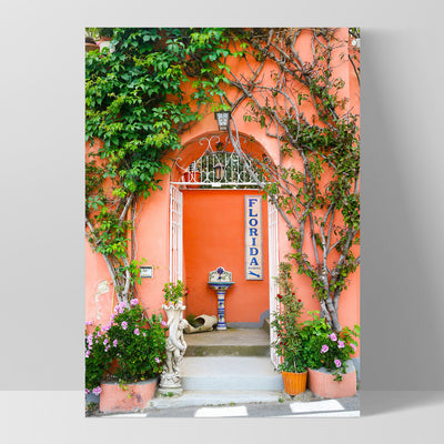 Orange Doorway Positano - Art Print by Victoria's Stories, Poster, Stretched Canvas, or Framed Wall Art Print, shown as a stretched canvas or poster without a frame