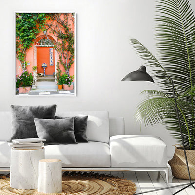 Orange Doorway Positano - Art Print by Victoria's Stories, Poster, Stretched Canvas or Framed Wall Art, shown framed in a room
