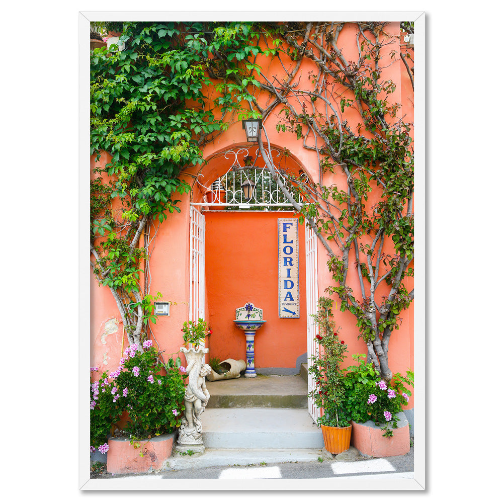Orange Doorway Positano - Art Print by Victoria's Stories, Poster, Stretched Canvas, or Framed Wall Art Print, shown in a white frame