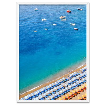 Positano Beach View I - Art Print by Victoria's Stories, Poster, Stretched Canvas, or Framed Wall Art Print, shown in a white frame