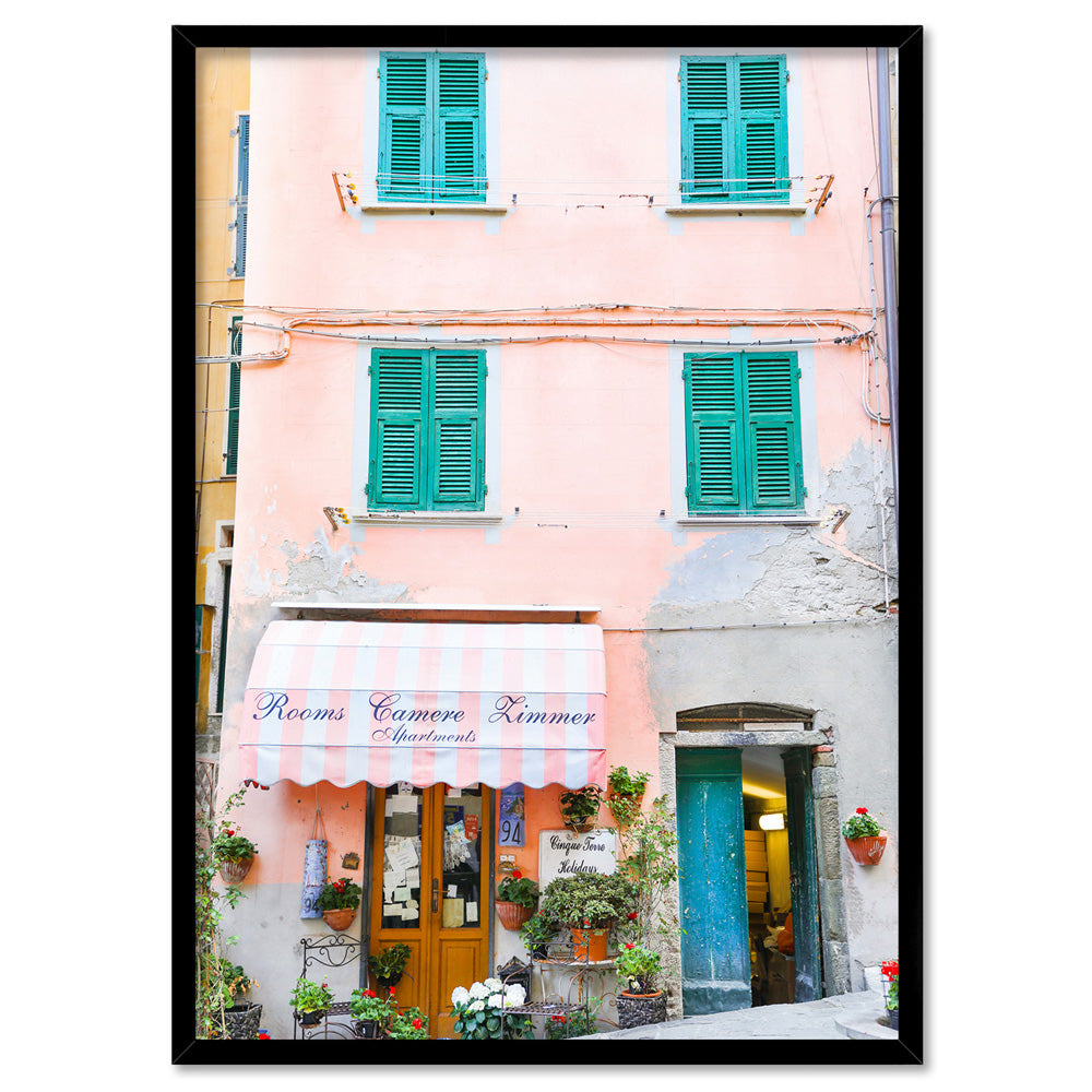 Italian Pastel Getaway in Cinque Terre - Art Print by Victoria's Stories, Poster, Stretched Canvas, or Framed Wall Art Print, shown in a black frame
