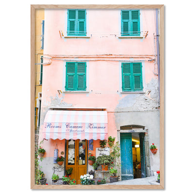 Italian Pastel Getaway in Cinque Terre - Art Print by Victoria's Stories, Poster, Stretched Canvas, or Framed Wall Art Print, shown in a natural timber frame