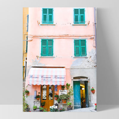 Italian Pastel Getaway in Cinque Terre - Art Print by Victoria's Stories, Poster, Stretched Canvas, or Framed Wall Art Print, shown as a stretched canvas or poster without a frame