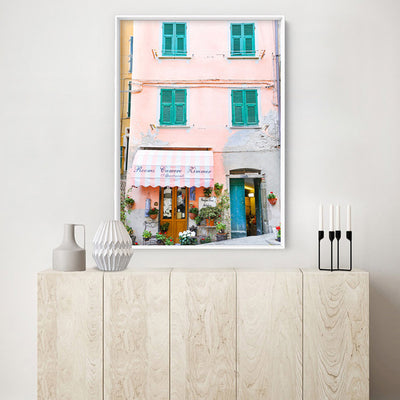 Italian Pastel Getaway in Cinque Terre - Art Print by Victoria's Stories, Poster, Stretched Canvas or Framed Wall Art, shown framed in a room